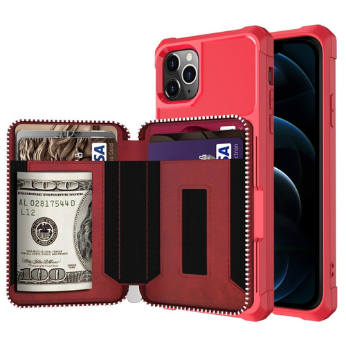 iPhone 12 Pro Max Zipper Wallet Card Bag PU Back Case - Red