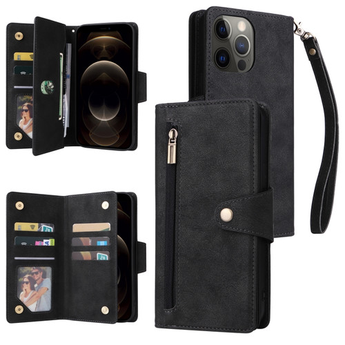 iPhone 12 Pro Max Rivet Buckle 9 Cards Three Fold Leather Phone Case - Black