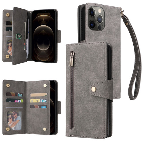 iPhone 12 Pro Max Rivet Buckle 9 Cards Three Fold Leather Phone Case - Grey