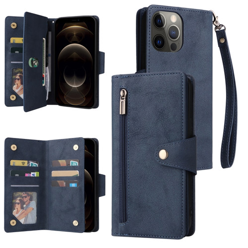 iPhone 12 Pro Max Rivet Buckle 9 Cards Three Fold Leather Phone Case - Blue