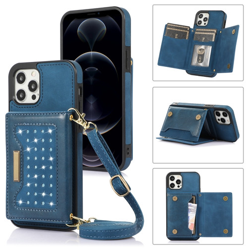iPhone 12 Pro Max Three-fold RFID Leather Phone Case with Lanyard - Blue