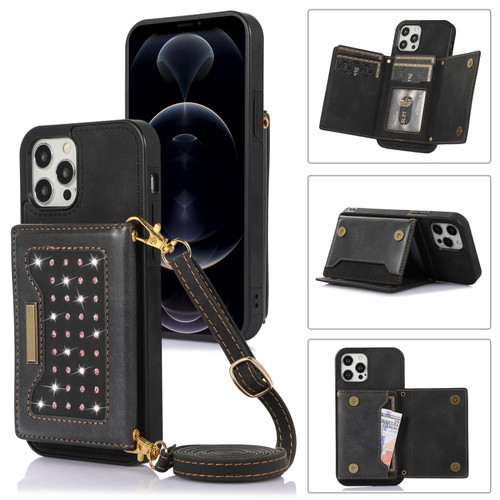 iPhone 12 Pro Max Three-fold RFID Leather Phone Case with Lanyard - Black