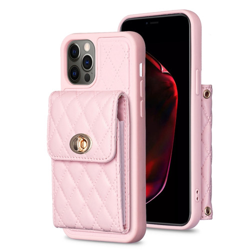 iPhone 12 Pro Max Vertical Metal Buckle Wallet Rhombic Leather Phone Case - Pink