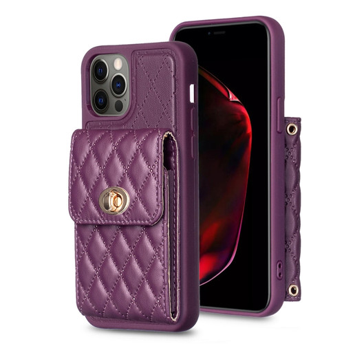iPhone 12 Pro Max Vertical Metal Buckle Wallet Rhombic Leather Phone Case - Dark Purple