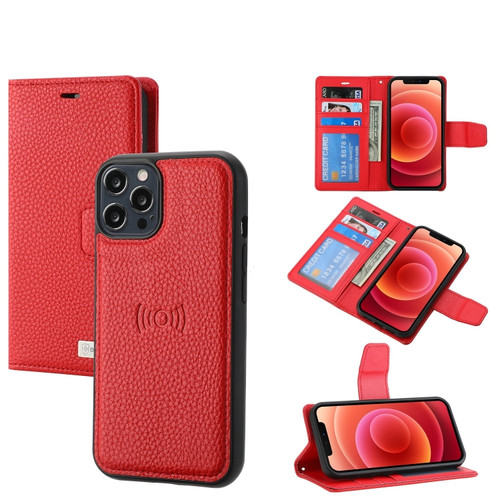 iPhone 12 Pro Max Litchi Texture Magnetic Detachable Wallet Leather Phone Case - Red