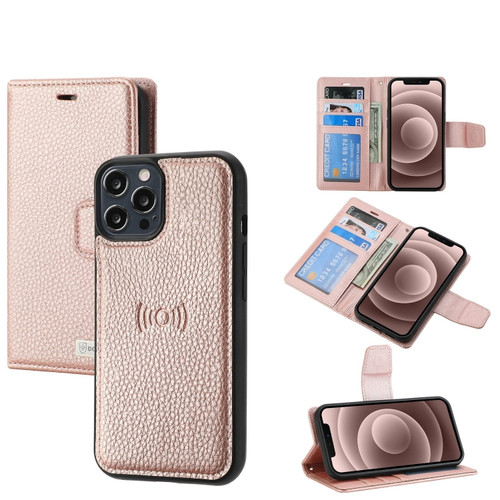 iPhone 12 Pro Max Litchi Texture Magnetic Detachable Wallet Leather Phone Case - Rose Gold