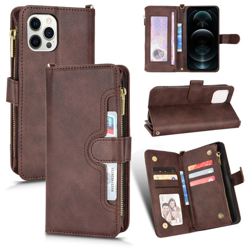 iPhone 12 Pro Max Litchi Texture Zipper Leather Phone Case - Brown