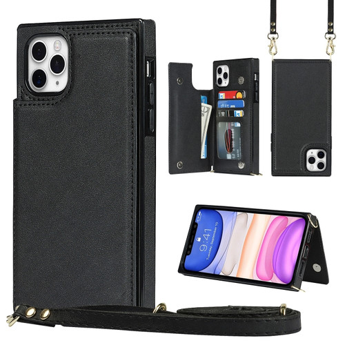 iPhone 12 Pro Max Cross-body Square Double Buckle Flip Card Bag TPU+PU Case with Card Slots & Wallet & Photo & Strap - Black