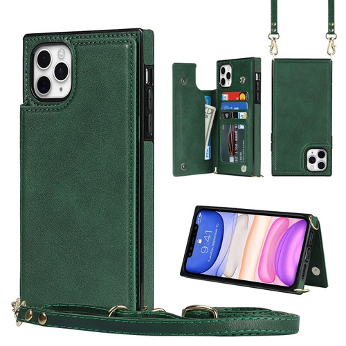 iPhone 12 Pro Max Cross-body Square Double Buckle Flip Card Bag TPU+PU Case with Card Slots & Wallet & Photo & Strap - Green