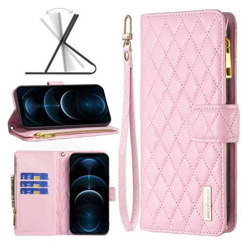 iPhone 12 Pro Max Diamond Lattice Zipper Wallet Leather Flip Phone Case - Pink