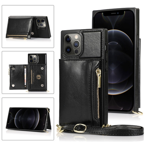 iPhone 12 Pro Max Square Zipper Wallet Bag TPU+PU Back Cover Case with Holder & Card Slots & Wallet & Cross-body Strap - Black