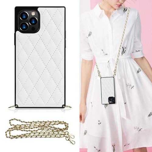 iPhone 12 Pro Max Elegant Rhombic Pattern Microfiber Leather +TPU Shockproof Case with Crossbody Strap Chain - White