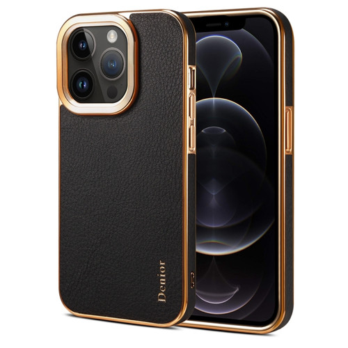 iPhone 12 Pro Max Denior Cowhide Leather Plating Phone Case - Black