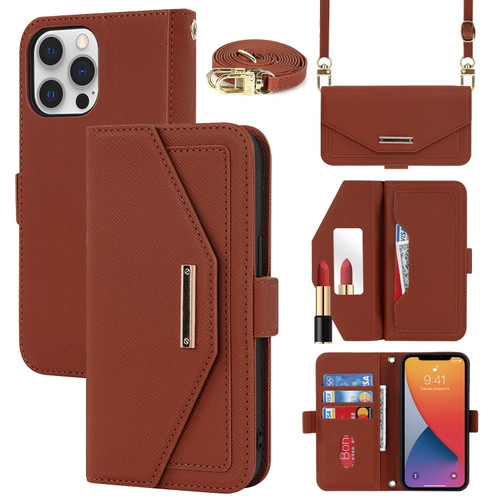 iPhone 12 Pro Max Cross Texture Lanyard Leather Phone Case - Brown