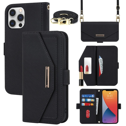 iPhone 12 Pro Max Cross Texture Lanyard Leather Phone Case - Black