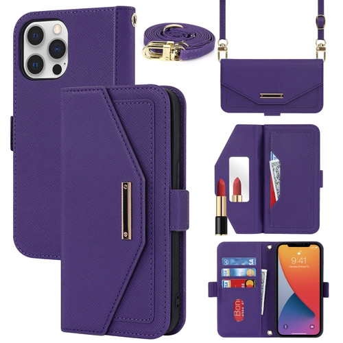 iPhone 12 Pro Max Cross Texture Lanyard Leather Phone Case - Purple
