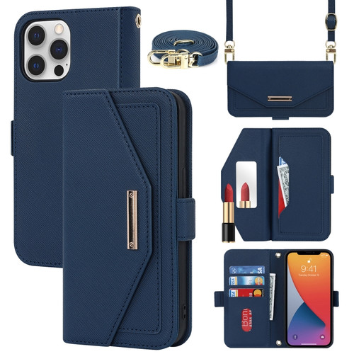 iPhone 12 Pro Max Cross Texture Lanyard Leather Phone Case - Blue