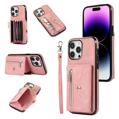 iPhone 12 Pro Max Zipper RFID Card Slot Phone Case with Short Lanyard - Rose Gold