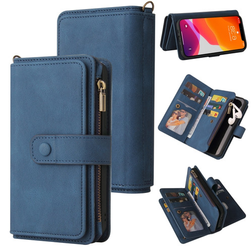 iPhone 12 Pro Max Skin Feel PU + TPU Horizontal Flip Leather Case with Holder & 15 Cards Slot & Wallet & Zipper Pocket & Lanyard - Blue