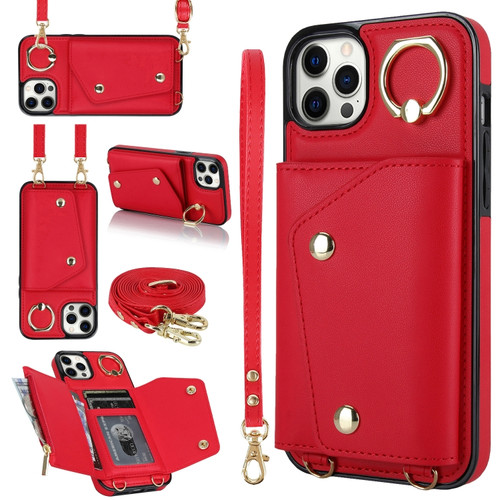 iPhone 12 Pro Max Zipper Card Bag Phone Case with Dual Lanyard - Red