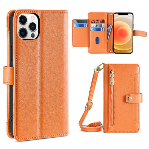iPhone 12 Pro Max Sheep Texture Cross-body Zipper Wallet Leather Phone Case - Orange