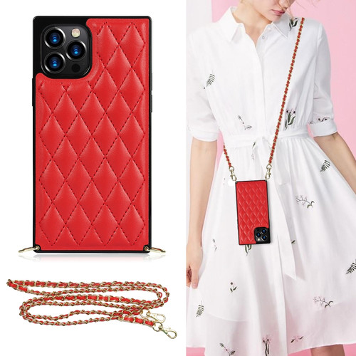 iPhone 12 Pro Max Elegant Rhombic Pattern Microfiber Leather +TPU Shockproof Case with Crossbody Strap Chain - Red