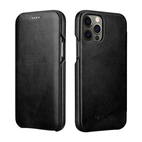 iPhone 12 Pro Max ICARER First Layer Cowhide Horizontal Flip Phone Case - Black