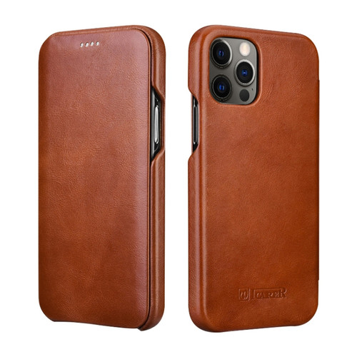 iPhone 12 Pro Max ICARER First Layer Cowhide Horizontal Flip Phone Case - Brown