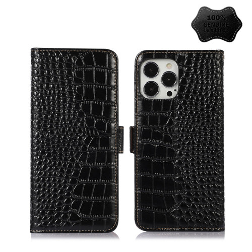 iPhone 12 Pro Max Crocodile Top Layer Cowhide Leather Phone Case - Black