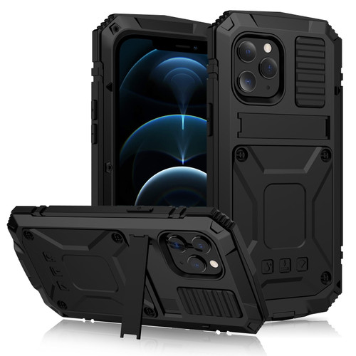 iPhone 12 Pro Max R-JUST Shockproof Waterproof Dust-proof Metal + Silicone Protective Case with Holder - Black