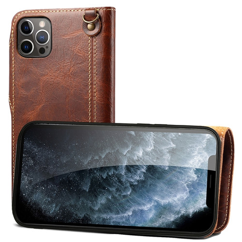 iPhone 12 Pro Max Denior Oil Wax Cowhide Magnetic Button Genuine Leather Case - Brown