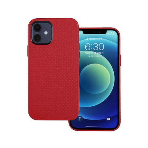 iPhone 12 Pro Max Mesh Texture Cowhide Leather Back Cover Full-wrapped Shockproof Case - Red