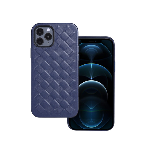 iPhone 12 Pro Max Woven Texture Sheepskin Leather Back Cover Full-wrapped Shockproof Case - Blue