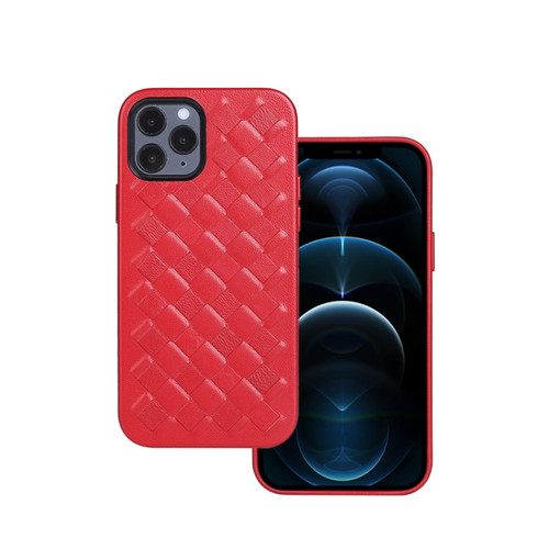 iPhone 12 Pro Max Woven Texture Sheepskin Leather Back Cover Full-wrapped Shockproof Case - Red