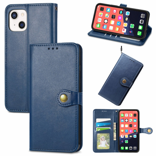 iPhone 13 mini  Solid Color Leather Buckle Phone Case with Lanyard & Photo Frame & Card Slot & Wallet & Stand Function - Blue