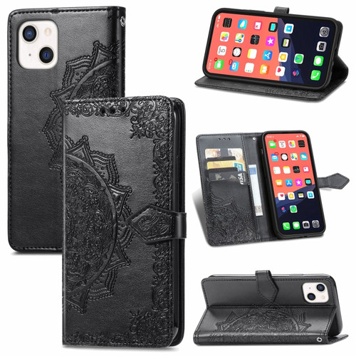 iPhone 13 mini Mandala Flower Embossed Horizontal Flip Leather Case with Holder & Three Card Slots & Wallet & Lanyard   - Black