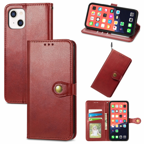 iPhone 13 mini  Solid Color Leather Buckle Phone Case with Lanyard & Photo Frame & Card Slot & Wallet & Stand Function - Red