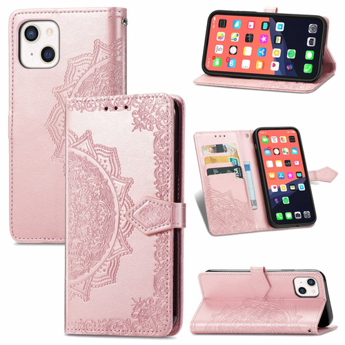 iPhone 13 mini Mandala Flower Embossed Horizontal Flip Leather Case with Holder & Three Card Slots & Wallet & Lanyard   - Rose Gold