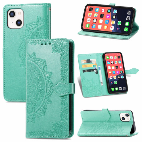 iPhone 13 mini Mandala Flower Embossed Horizontal Flip Leather Case with Holder & Three Card Slots & Wallet & Lanyard   - Green