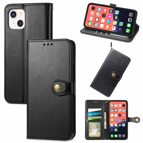 iPhone 13 mini  Solid Color Leather Buckle Phone Case with Lanyard & Photo Frame & Card Slot & Wallet & Stand Function - Black