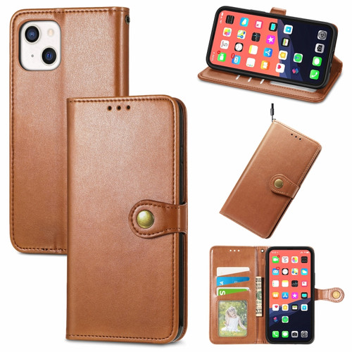 iPhone 13 mini  Solid Color Leather Buckle Phone Case with Lanyard & Photo Frame & Card Slot & Wallet & Stand Function - Brown
