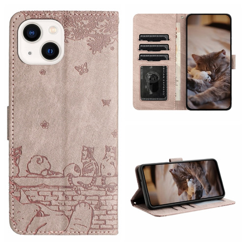 iPhone 13 mini Cat Embossing Pattern Leather Phone Case with Lanyard - Grey