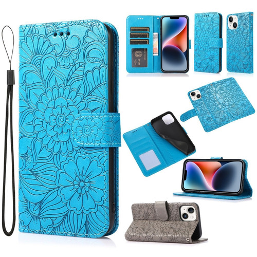 iPhone 13 mini Skin Feel Embossed Sunflower Horizontal Leather Case  - Blue