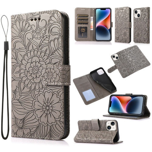 iPhone 13 mini Skin Feel Embossed Sunflower Horizontal Leather Case  - Gray