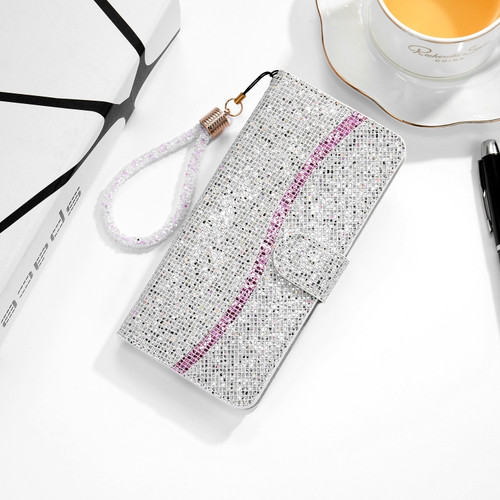 iPhone 13 mini Glitter Powder Horizontal Flip Leather Case with Card Slots & Holder & Lanyard  - Silver