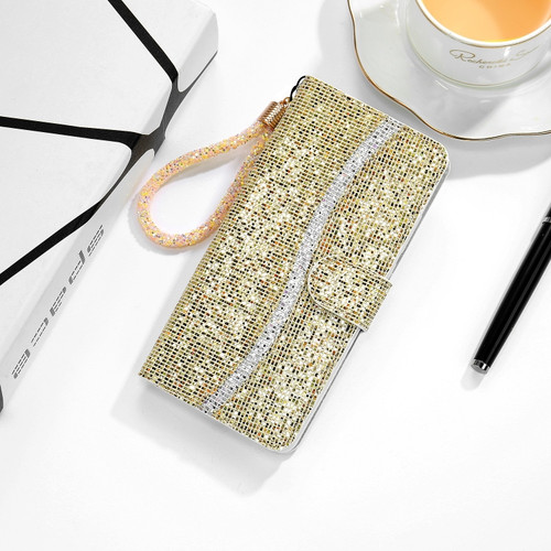 iPhone 13 mini Glitter Powder Horizontal Flip Leather Case with Card Slots & Holder & Lanyard  - Gold