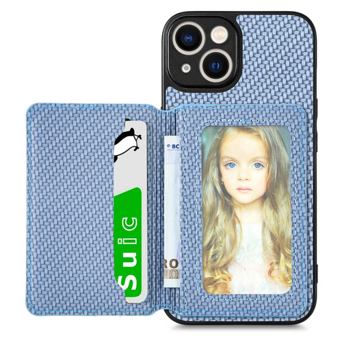 iPhone 13 mini Carbon Fiber Magnetic Card Bag Phone Case - Blue
