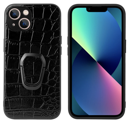 iPhone 13 mini Leather Back Phone Case with Holder  - Black Crocodile Texture
