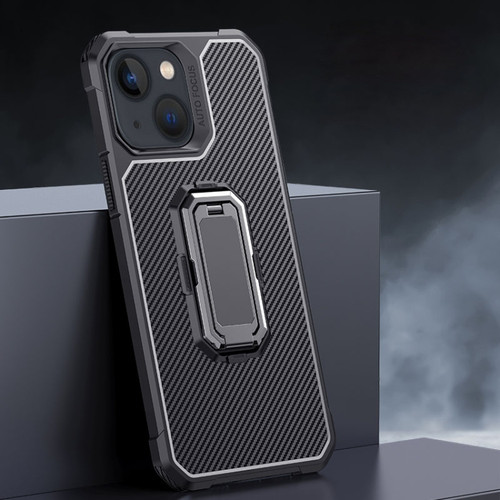 iPhone 13 mini Carbon Fiber Texture Phone Case with Holder  - Black