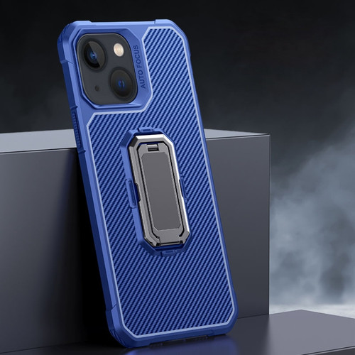 iPhone 13 mini Carbon Fiber Texture Phone Case with Holder  - Blue+Black